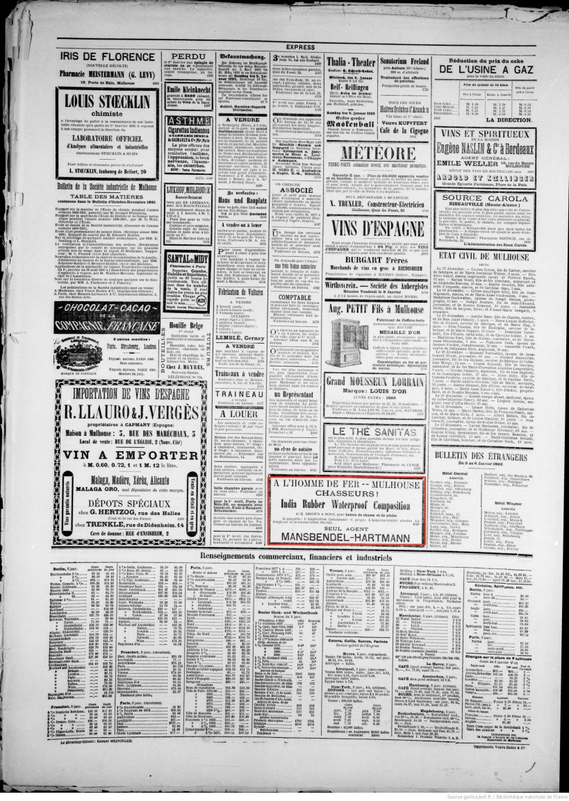 Journal L'Express de Mulhouse du 6 janvier 1892 (p.4) : India Rubber Waterproof pour bottes de chasse et de pêche .